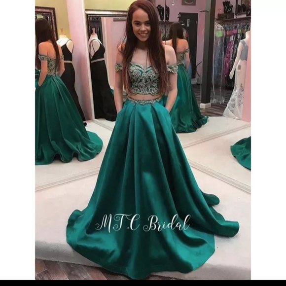 Dark Green 2 Piece Prom Dresses - Picture 1 of 3
